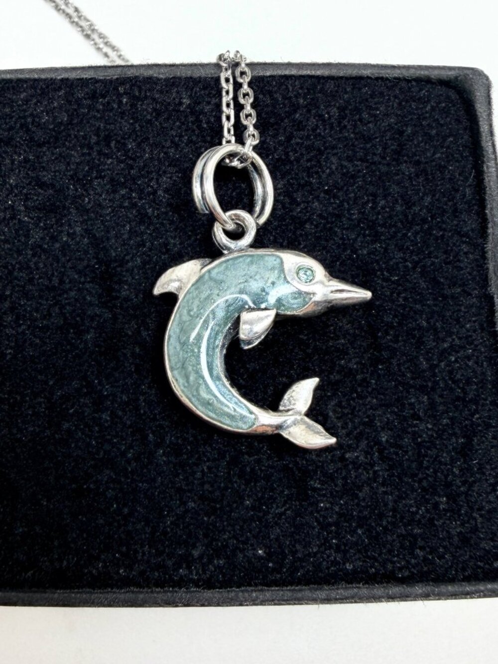 925 Italian Sterling Silver Enamel Dolphin CZ Eye Necklace (18 inch) (4.4g)